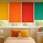 Colorful roller blinds in a nursery with a bed and decorations