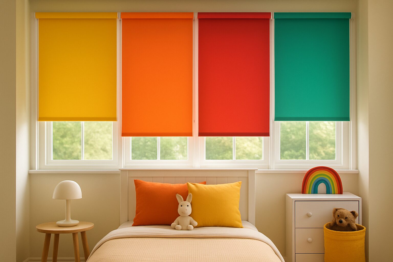 Colorful roller blinds in a nursery with a bed and decorations