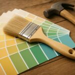 A paintbrush resting on colorful paint swatches on a wooden surface, with a hammer in the background.