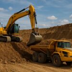 Excavator digging soil in a construction site with a dump truck nearby.