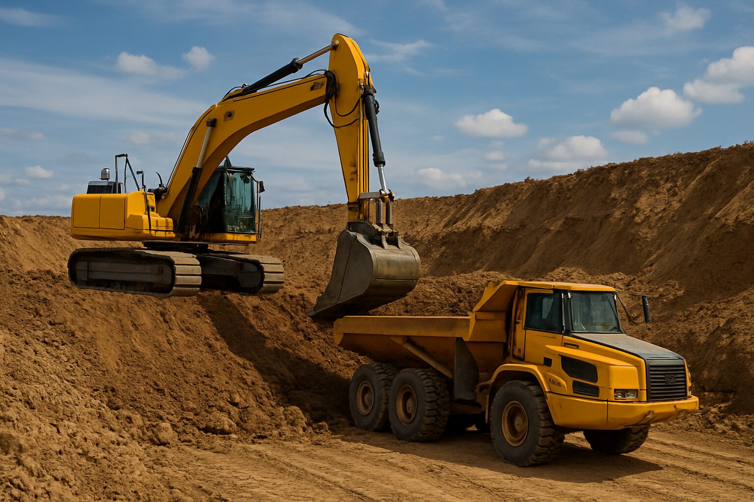 Excavator digging soil in a construction site with a dump truck nearby.